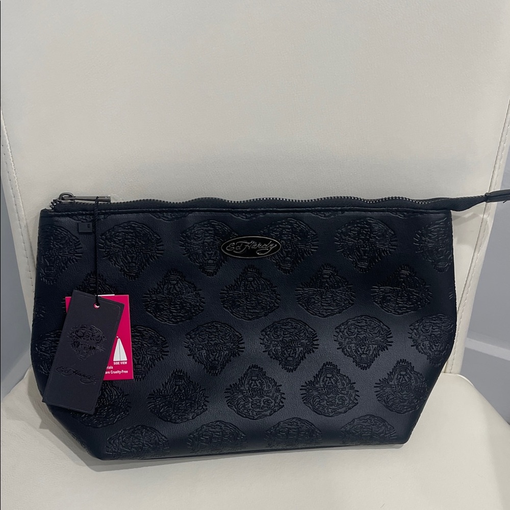 ED HARDY  Black Embossed "Tiger" Tatoo Art Vegan Cosmetic Bag